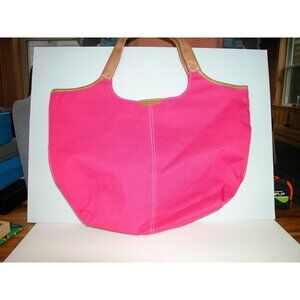 Pink Canvas Tote Bag With Tan Leather Handles